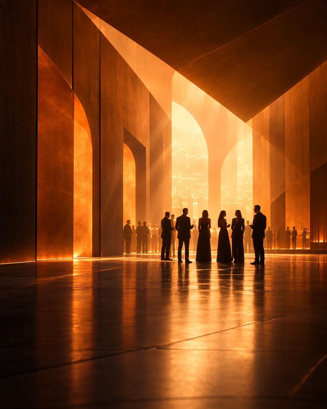 Golden event-space visual for corporate events and experiences