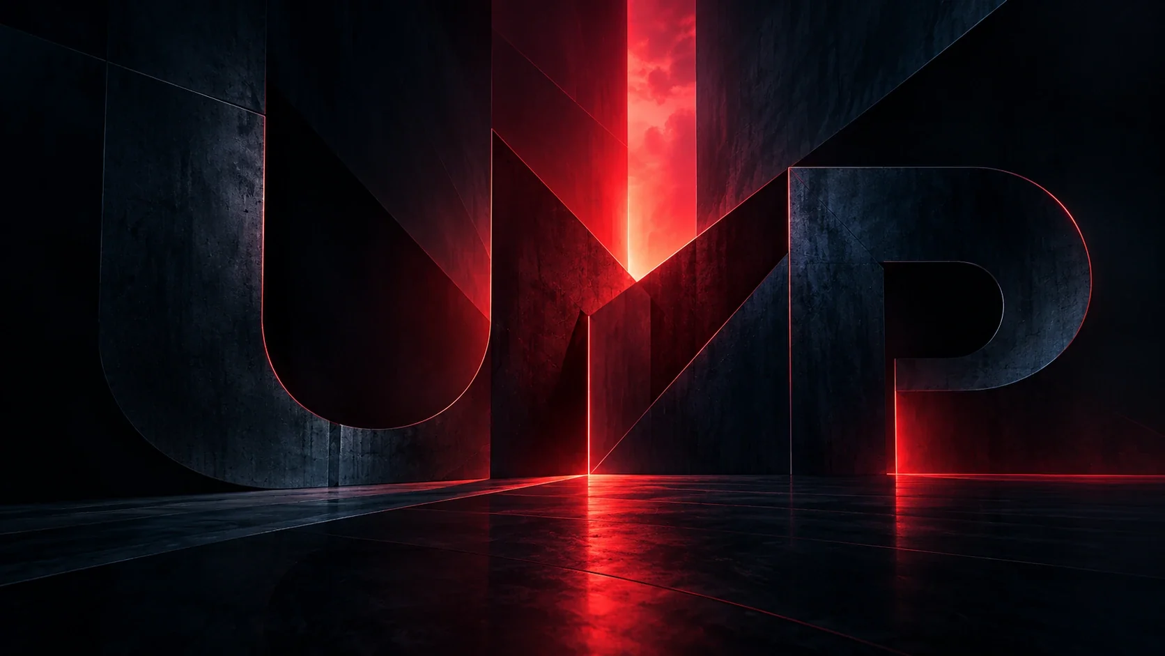 UMP monogram shaped from architectural forms and red light